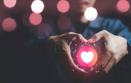 Photo for Person happy valentines day Icon of love, warmth, sent to lovers or family and social media interactions on laptop,message, email, comment ,businessman hands work on screen device,internet digital marketing. - Royalty Free Image