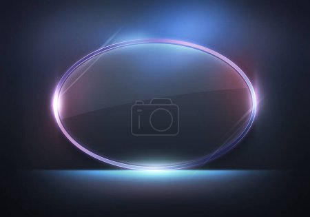 Téléchargez les photos : Néon verre lumineux cadre ovale sur fond sombre - en image libre de droit