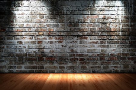 Photo for Empty room with dark wooden floor and brick wall background. - Royalty Free Image