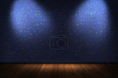 Foto de Escenario vacío con proyector. pared azul y suelo de madera - Imagen libre de derechos
