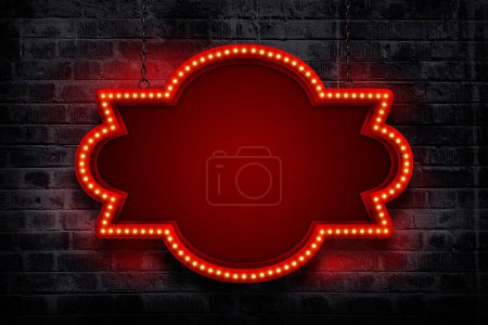 Foto de Signo con un marco de bombillas rojas. banner rojo en la pared de ladrillo - Imagen libre de derechos