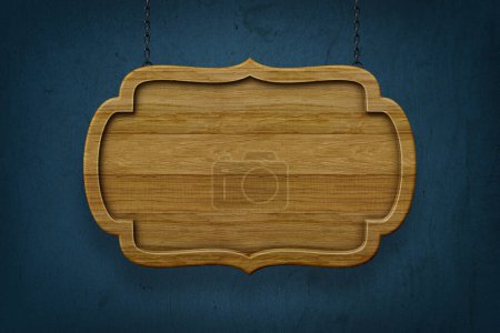 Photo for Empty wooden signboard on blue background - Royalty Free Image