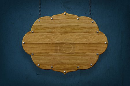 Téléchargez les photos : Panneau en bois vide sur fond bleu - en image libre de droit