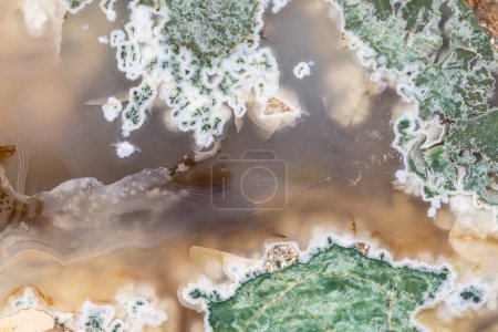 Téléchargez les photos : Pierre minérale d'agate avec une surface laiteuse et des inclusions vertes qui ressemblent à de la mousse - en image libre de droit