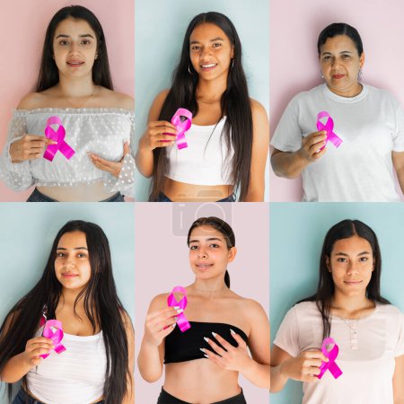 Collage verschiedener lateinischer Frauen verschiedener Rassen und Ethnien, die in ihren Händen eine rosafarbene Schleife halten, die Brustkrebs symbolisiert