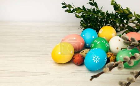 Foto de Huevos de Pascua de color con ramita de sauce y hojas verdes aisladas sobre fondo blanco - Imagen libre de derechos