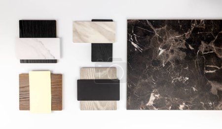 Black marble texture, a collection of stone samples and veneered wood-like p for your interior and design. Multicoloured and textured stone samples