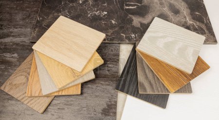Tree-like samples of MDF laminated material. Concept of furniture and flooring materials production for interior design