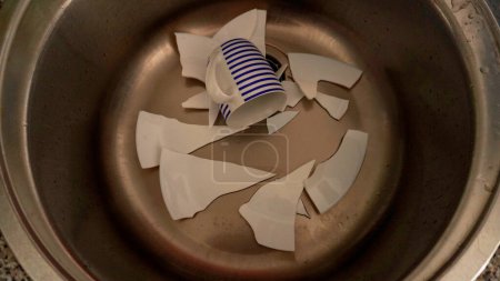           una placa rota en el fregadero, con una taza entre los fragmentos                     