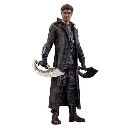 Foto de Hombre de fantasía épica en una chaqueta larga con armas, Ilustración 3D, Representación 3D - Imagen libre de derechos