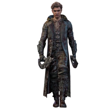 Foto de Hombre de fantasía épica en una chaqueta larga con armas, Ilustración 3D, Representación 3D - Imagen libre de derechos