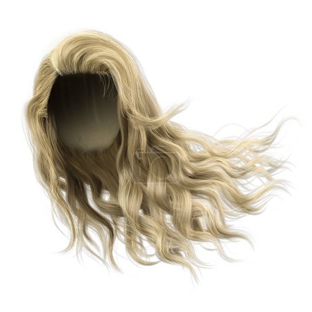 Cheveux longs et ondulés soufflés par le vent sur fond blanc isolé, Illustration 3D, rendu 3D