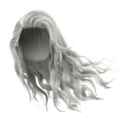 Téléchargez les photos : Cheveux longs et ondulés soufflés par le vent sur fond blanc isolé, Illustration 3D, rendu 3D - en image libre de droit