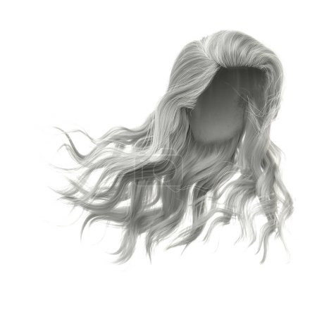 Cheveux longs et ondulés soufflés par le vent sur fond blanc isolé, Illustration 3D, rendu 3D
