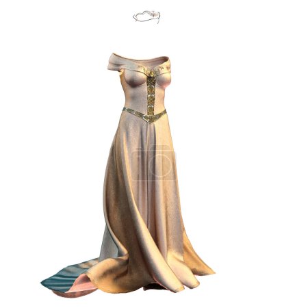 Photo for 3D Illustration, 3D Rendering, Full length portrait of an isolated medieval fantasy gown with shimmery fabric and a jeweled circlet - Royalty Free Image