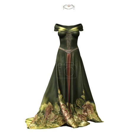 Illustration 3D, rendu 3D, portrait complet d'une robe fantaisie médiévale isolée avec un tissu chatoyant et un cercle orné de bijoux