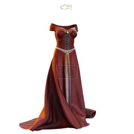 Téléchargez les photos : Illustration 3D, rendu 3D, portrait complet d'une robe fantaisie médiévale isolée avec un tissu chatoyant et un cercle orné de bijoux - en image libre de droit