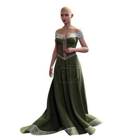 Kahle mittelalterliche Fantasiefrau im langen grünen Kleid mit Kreis und Blütenkrone auf isoliertem weißem Hintergrund, 3D-Illustration, 3D-Rendering