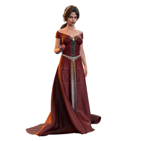 Brown Haired Medieval Fantasy Woman in Long Red Dress with Circlet and Crown of Flowers on Isolated White Background, 3D Illustration, 3D Rendering