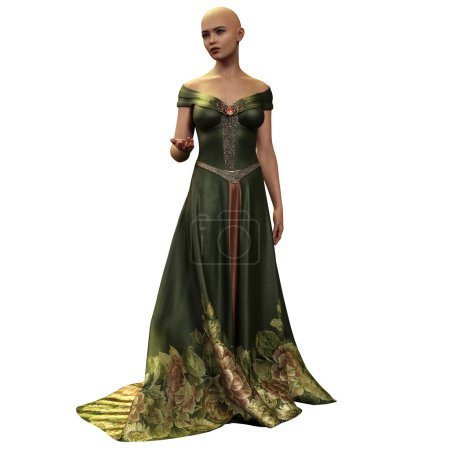 Bald Medieval Fantasy Woman in Long Green Floral Dress with Circlet and Crown of Flowers on Isolated White Background, 3D Illustration, 3D Rendering