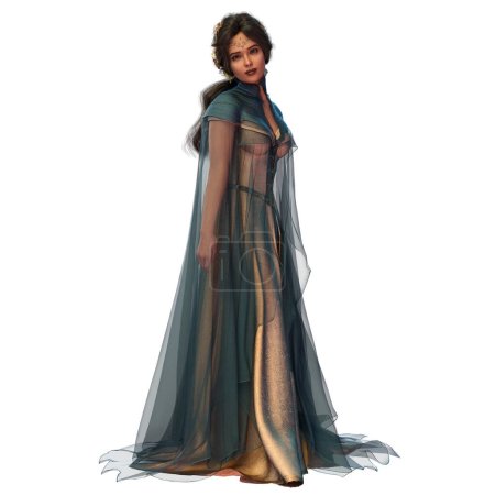 Braunhaarige mittelalterliche Fantasiefrau in langem blauen und cremefarbenen Kleid mit Kreis und Blütenkrone auf isoliertem weißem Hintergrund, 3D-Illustration, 3D-Rendering
