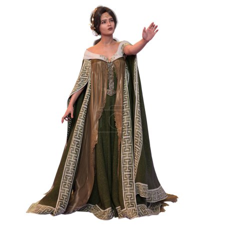Téléchargez les photos : Femme fantaisie médiévale aux cheveux bruns en longue robe brodée verte avec cercle et couronne de fleurs sur fond blanc isolé, illustration 3D, rendu 3D - en image libre de droit
