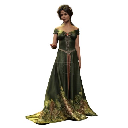 Femme fantaisie médiévale aux cheveux bruns en robe florale verte longue avec cercle et couronne de fleurs sur fond blanc isolé, illustration 3D, rendu 3D