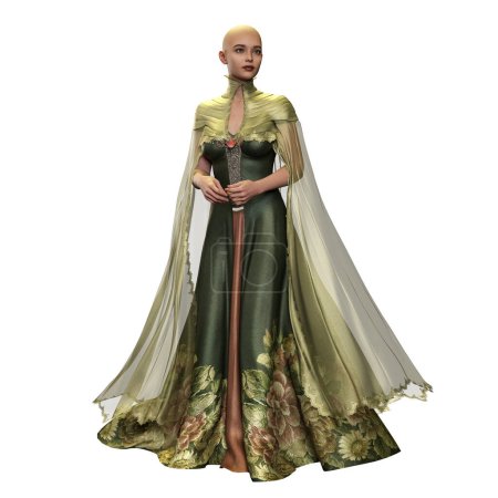 Bald Medieval Fantasy Woman in Long Green Floral Dress with Circlet and Crown of Flowers on Isolated White Background, 3D Illustration, 3D Rendering