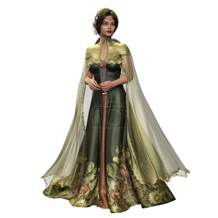 Femme fantaisie médiévale aux cheveux bruns en robe florale verte longue avec cercle et couronne de fleurs sur fond blanc isolé, illustration 3D, rendu 3D