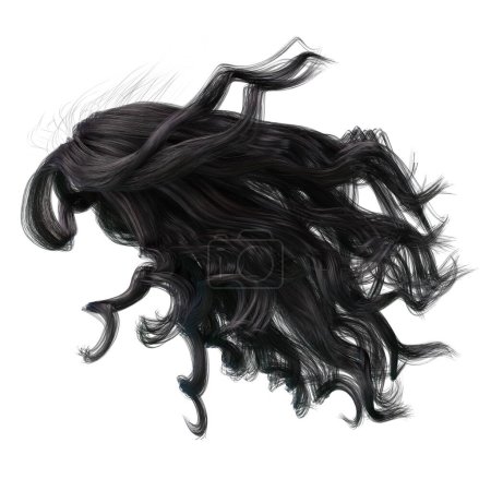 Schwarzes windgeblasenes langes welliges Haar auf isoliertem weißen Hintergrund, 3D-Illustration, 3D-Rendering