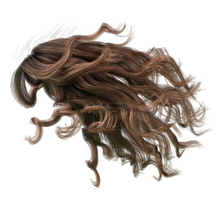 Téléchargez les photos : Cheveux longs ondulés soufflés par le vent brun sur fond blanc isolé, Illustration 3D, rendu 3D - en image libre de droit