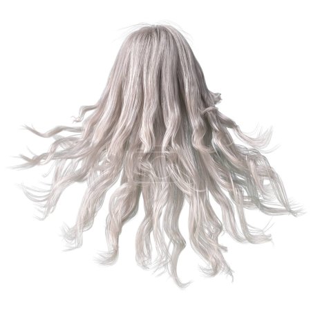 Weißes windgeblasenes langes welliges Haar auf isoliertem weißem Hintergrund, 3D Illustration, 3D Rendering