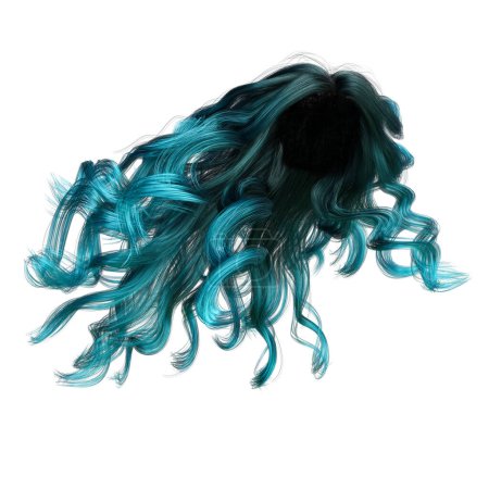 Türkis windgeblasenes langes welliges Haar auf isoliertem weißem Hintergrund, 3D Illustration, 3D Rendering