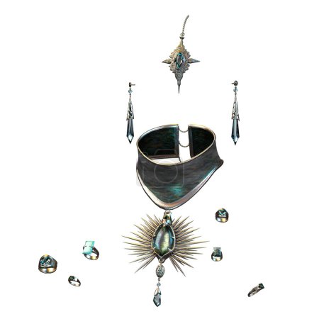 Conjunto de joyas de ónix y plata para mujeres con collar colgante, tocado, pendientes y varios anillos, Ilustración 3D, Representación 3D