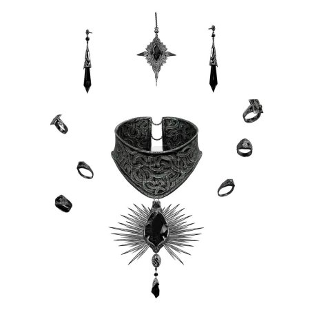 Photo for Onyx and silver jewelry set for women with pendant necklace, headdress, earrings, and various rings, 3D Illustration, 3D Rendering - Royalty Free Image
