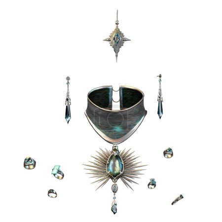 Conjunto de joyas de topacio y plata suizo para mujeres con collar colgante, tocado, pendientes y varios anillos, Ilustración 3D, Representación 3D