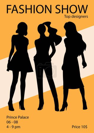 Illustration for Fashion show invitation templates with young top models wearing trendy clothes and doing catwalk or demonstrating apparel on runway. Hand drawn vector illustration art. - Royalty Free Image