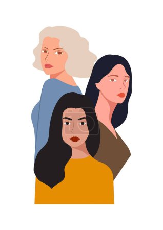 Illustration for Abstract vector illustration of women coming together in friendship with solidarity and brotherhood of different nationalities. - Royalty Free Image