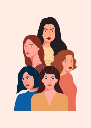 Ilustración de Ilustración vectorial abstracta de mujeres que se unen en amistad con solidaridad y hermandad de diferentes nacionalidades. - Imagen libre de derechos