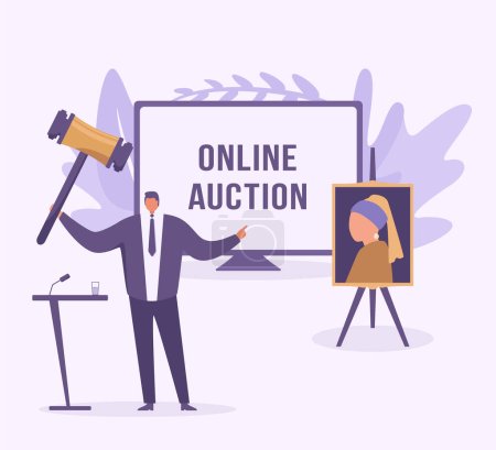 Illustration for Auctioneer raising his gavel to knock down sell picture at auction. Vector illustration - Royalty Free Image