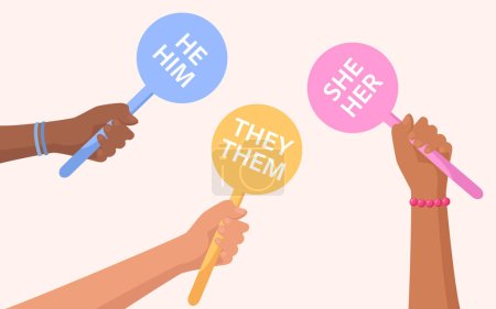 Illustration for Gender pronouns - hands holding signs with different pronouns, male, female and non-binary. Vector illustration - Royalty Free Image