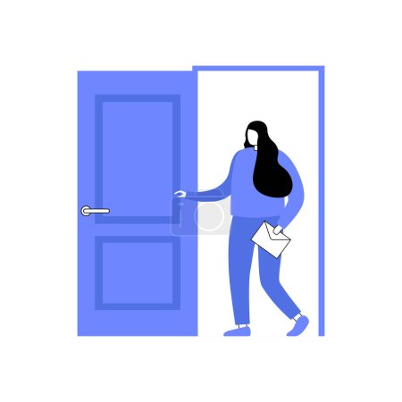 Female character exits door. Vector. Vector illustration