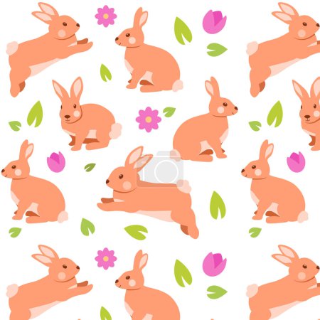 Illustration for Seamless pattern of cute bunnies and flowers. Vector illustration - Royalty Free Image