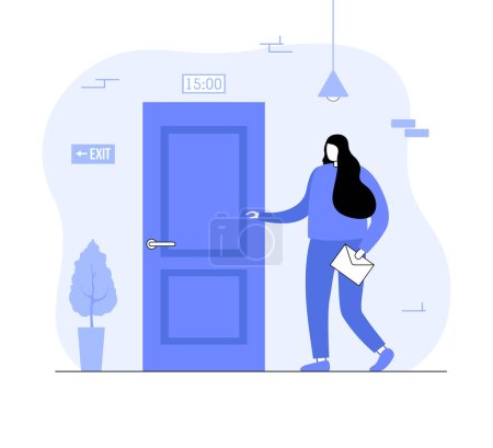Illustration for Woman knocks in door. Female charachter exit or entire door to interview. Vector illustration - Royalty Free Image