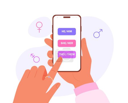 Una chica elige un pronombre de género en una aplicación en su teléfono. Ilustración vectorial