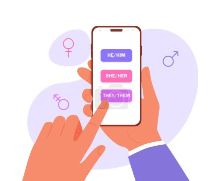 A man chooses a gender pronoun in a mobile application. Vector illustration