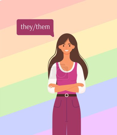 Young girl with the gender pronoun they. Vector illustration