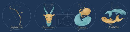 Photo for Signs of the Zodiac - animal circle. Collection of zodiac signs. Sagittarius, Capricorn, Aquarius, Pisces. Mystical astrology elements. in dark blue and gold colors.High quality illustration - Royalty Free Image