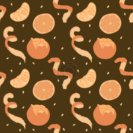 Photo for Orange seamless pattern. Exotic tropical mandarin citrus fruit, juicy slice tangerine and peel, cartoon minimalistic texture, textile, wallpaper, print on brown background. High quality illustration - Royalty Free Image