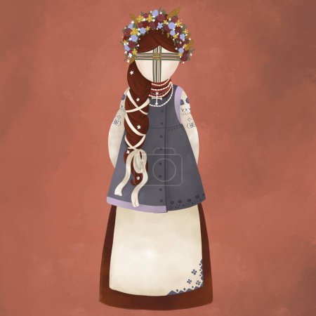 Photo for Ukrainian national doll named Motanka. Ukrainian traditional embroidered vest. Braided braid with flowers and a wreath. Womens traditional Slavic corals. Draw in digital art national style. - Royalty Free Image